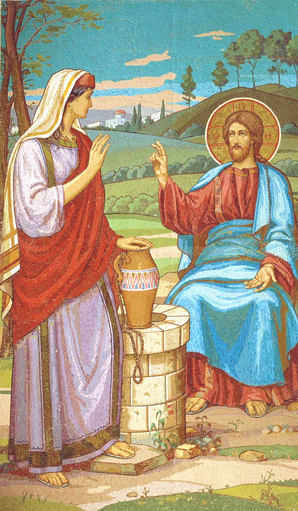 Christ and the Samaritan Woman (unknown artist, no date (late 1890s?))
Mosaic in Spas na Krovi in St Petersburg.
Origin: http://01varvara.wordpress.com/2008/01/25/unknown-artist-christ-and-the-samaritan-woman-a-mosaic-from-the-spas-na-krovi-st-petersburg-rf-no-date-late-1890s/